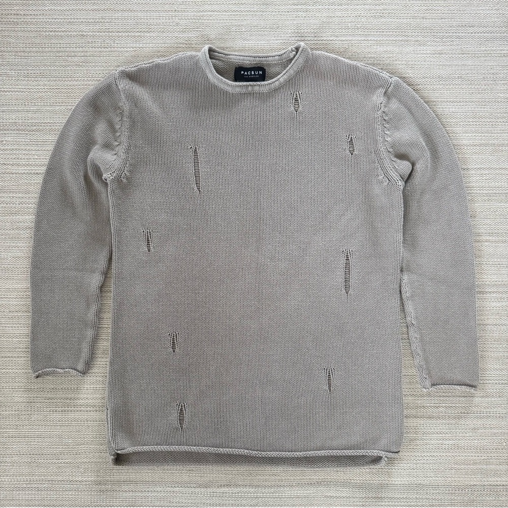 Pacsun beige distressed cotton knit long sleeve crewneck pullover sweater men M